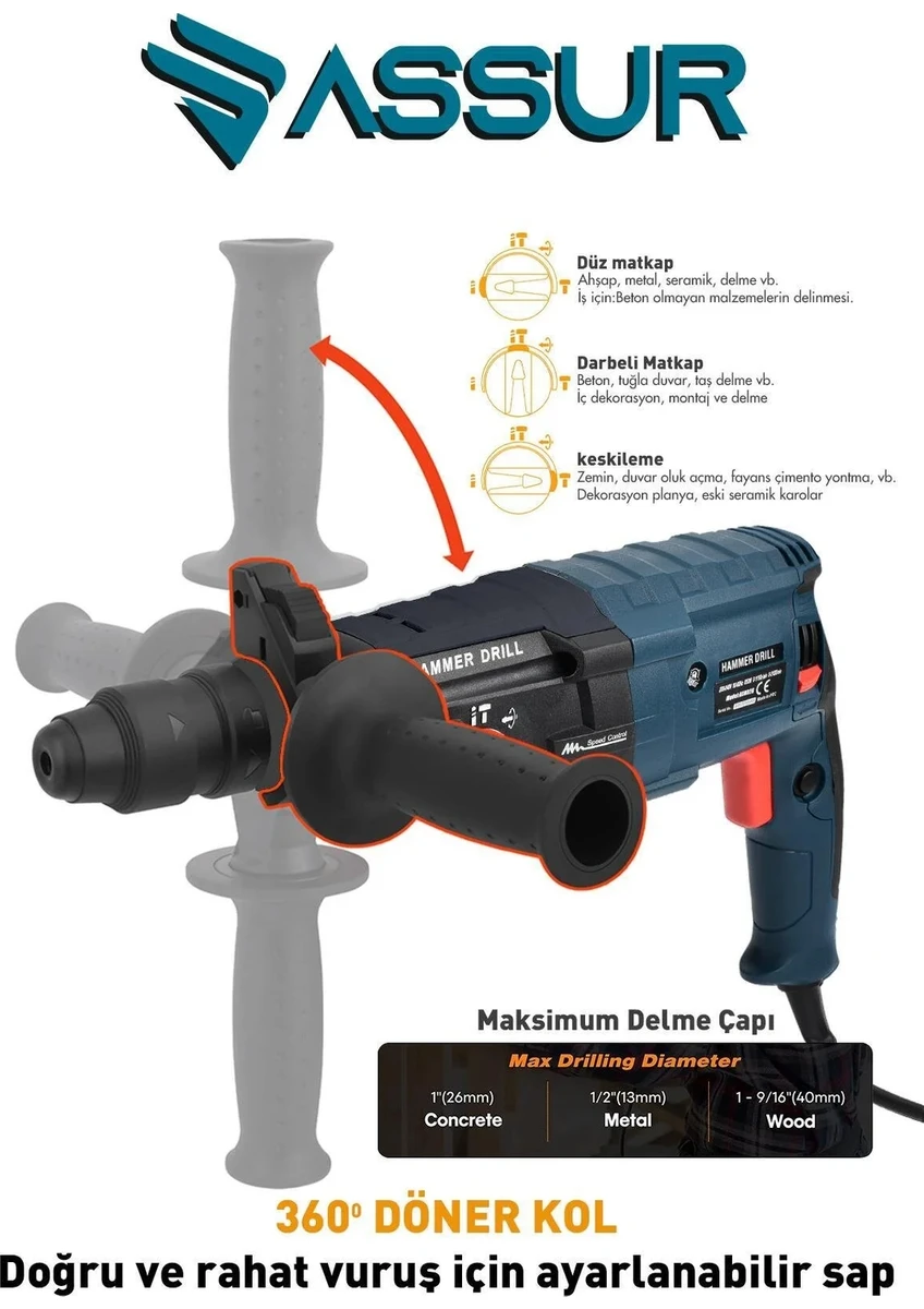 ASSUR Kırıcı Delici Hilti 850W Metal Şanzımanlı 2-28 mm